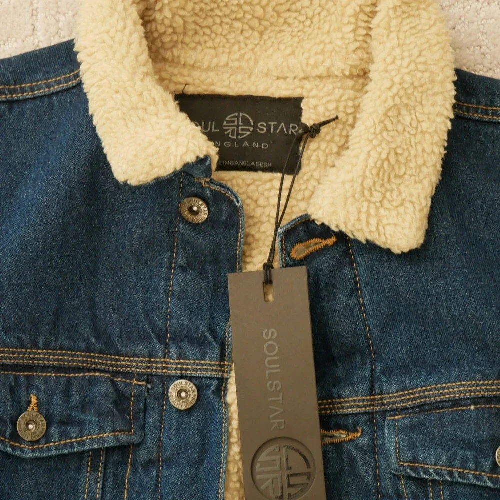 Soul Star Mens Blue Denim Trucker Jacket Sherpa Borg Collar MJ MINK ASOS Medium